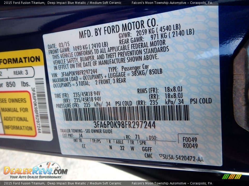 2015 Ford Fusion Titanium Deep Impact Blue Metallic / Medium Soft Ceramic Photo #23