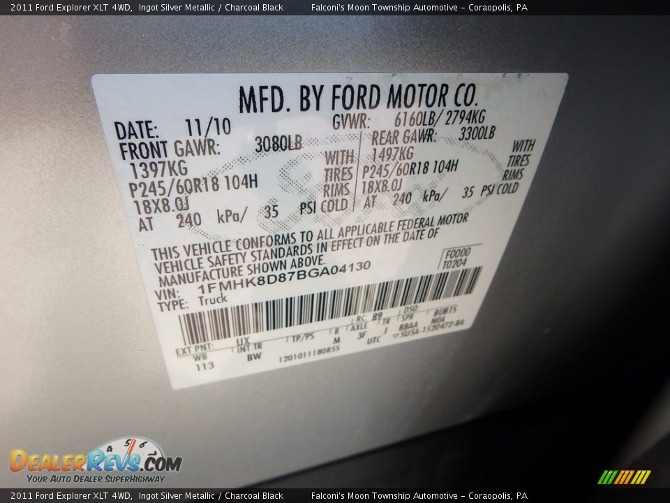 2011 Ford Explorer XLT 4WD Ingot Silver Metallic / Charcoal Black Photo #23