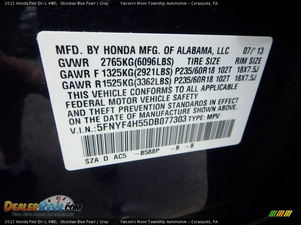 2013 Honda Pilot EX-L 4WD Obsidian Blue Pearl / Gray Photo #23