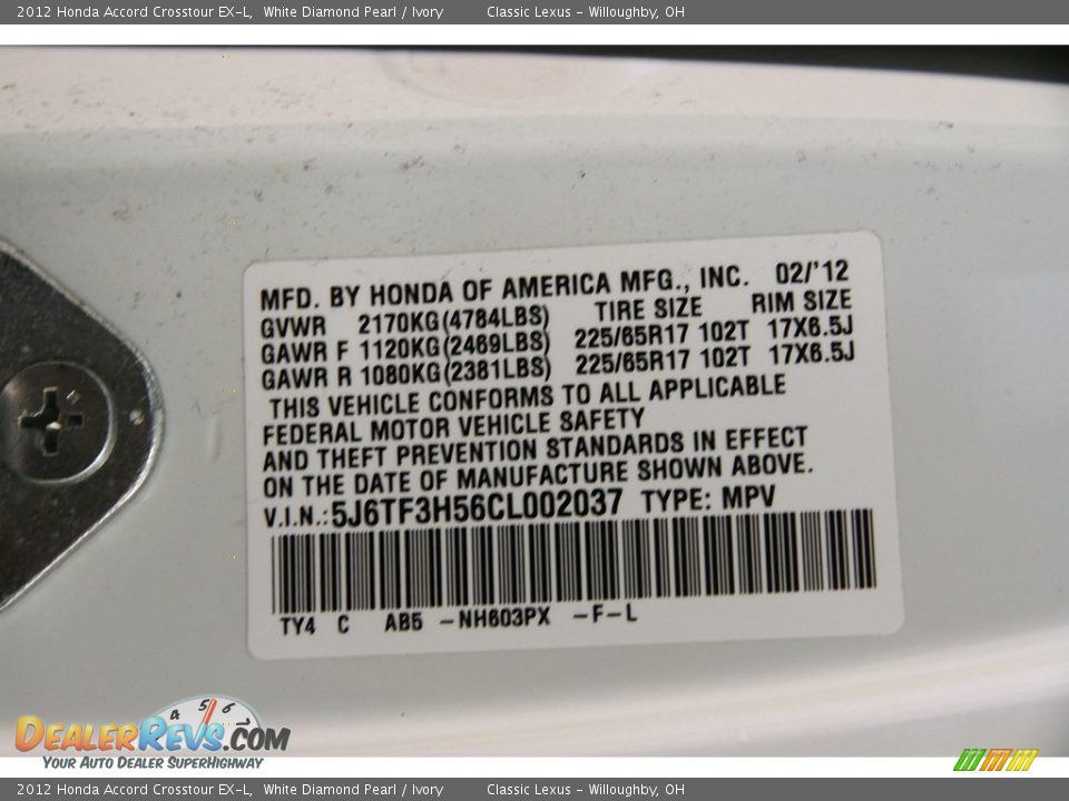 2012 Honda Accord Crosstour EX-L White Diamond Pearl / Ivory Photo #26