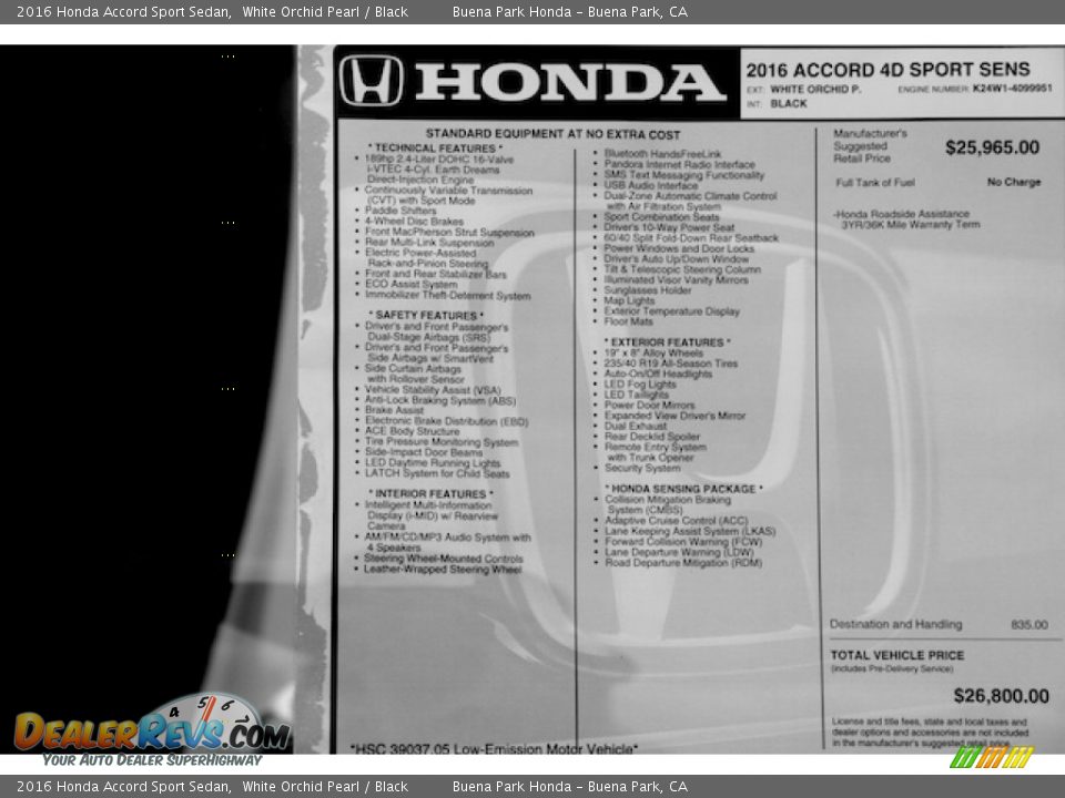 2016 Honda Accord Sport Sedan White Orchid Pearl / Black Photo #16