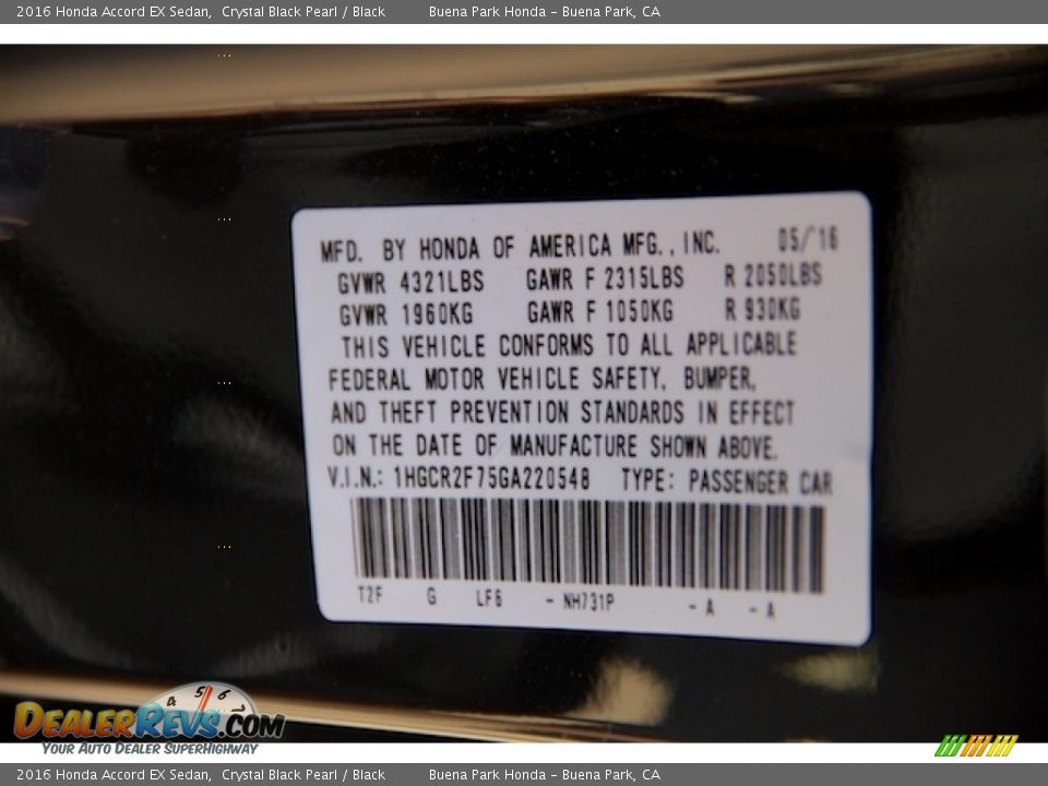 2016 Honda Accord EX Sedan Crystal Black Pearl / Black Photo #19
