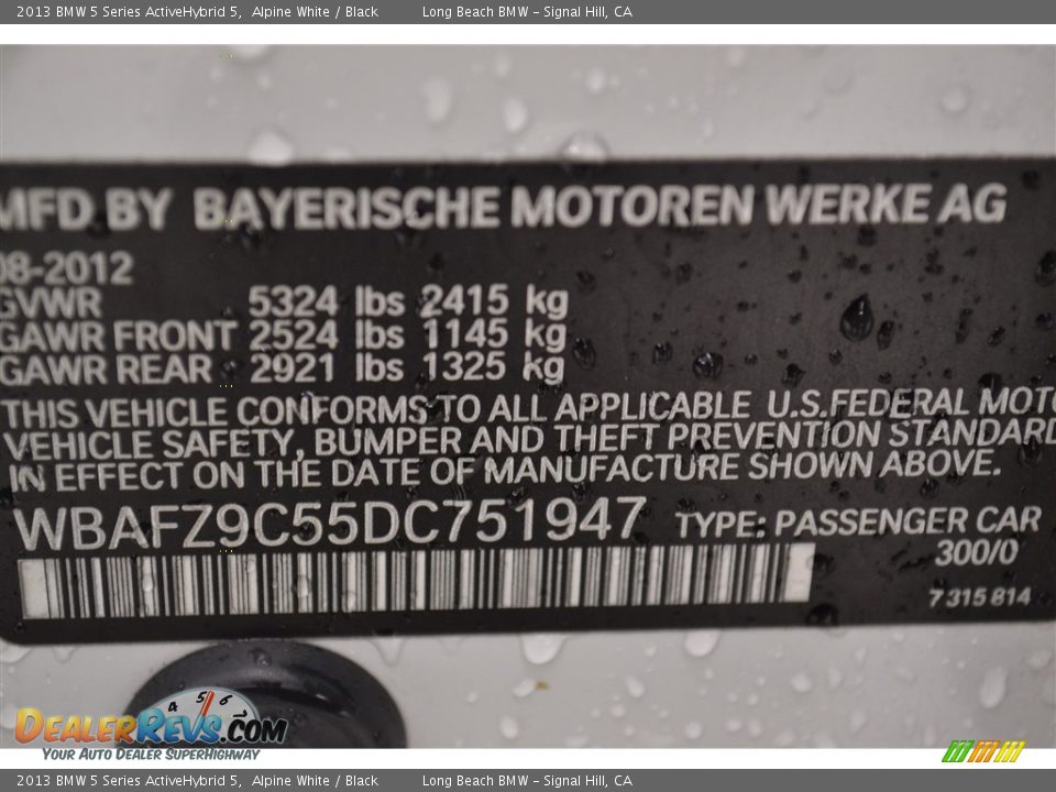2013 BMW 5 Series ActiveHybrid 5 Alpine White / Black Photo #11