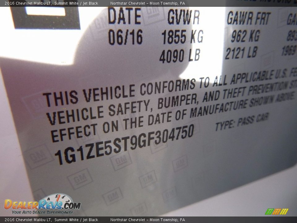 2016 Chevrolet Malibu LT Summit White / Jet Black Photo #15