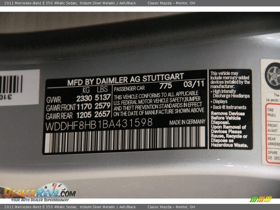 2011 Mercedes-Benz E 350 4Matic Sedan Iridium Silver Metallic / Ash/Black Photo #22