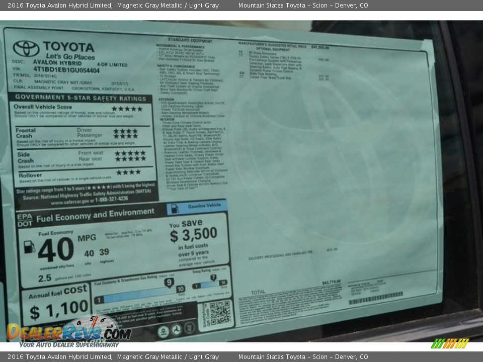 2016 Toyota Avalon Hybrid Limited Window Sticker Photo #10