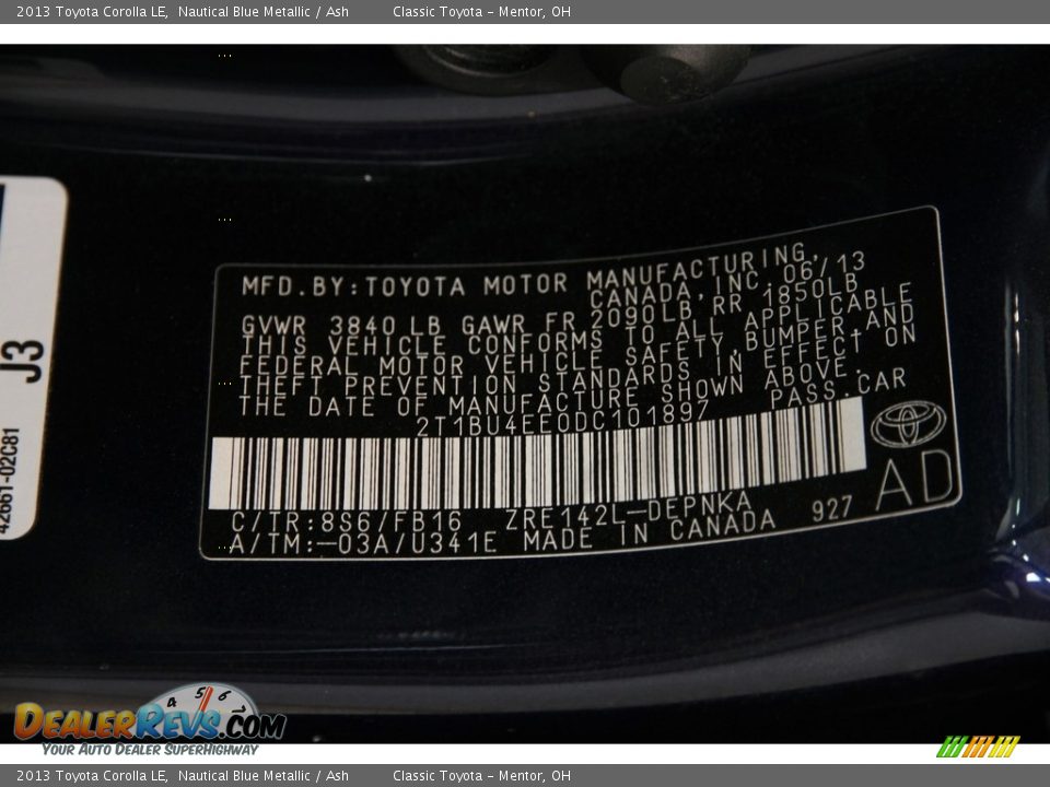 2013 Toyota Corolla LE Nautical Blue Metallic / Ash Photo #20