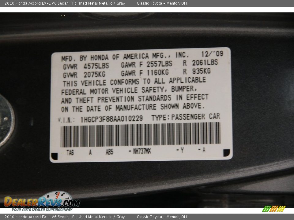 2010 Honda Accord EX-L V6 Sedan Polished Metal Metallic / Gray Photo #17