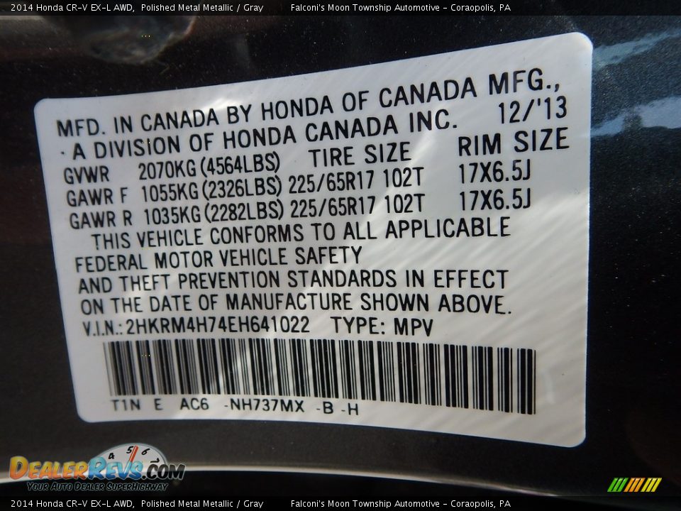 2014 Honda CR-V EX-L AWD Polished Metal Metallic / Gray Photo #23