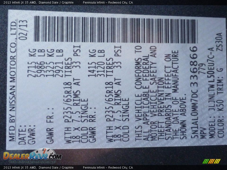 2013 Infiniti JX 35 AWD Diamond Slate / Graphite Photo #31