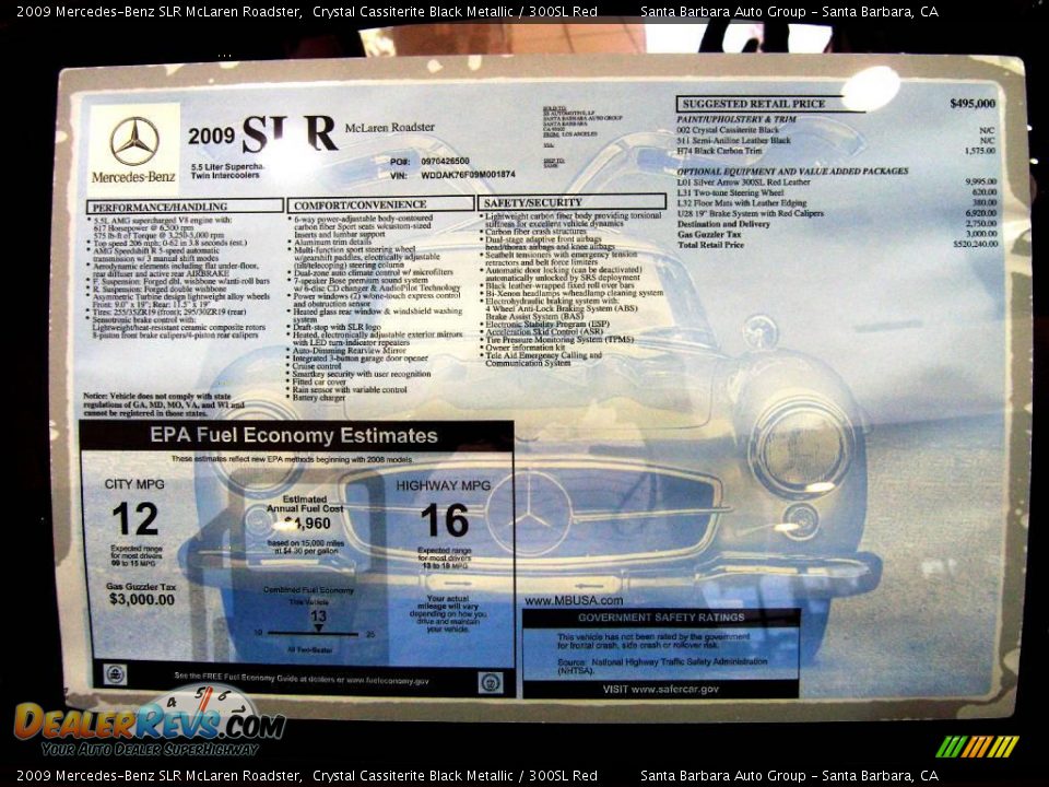 2009 Mercedes-Benz SLR McLaren Roadster Window Sticker Photo #17