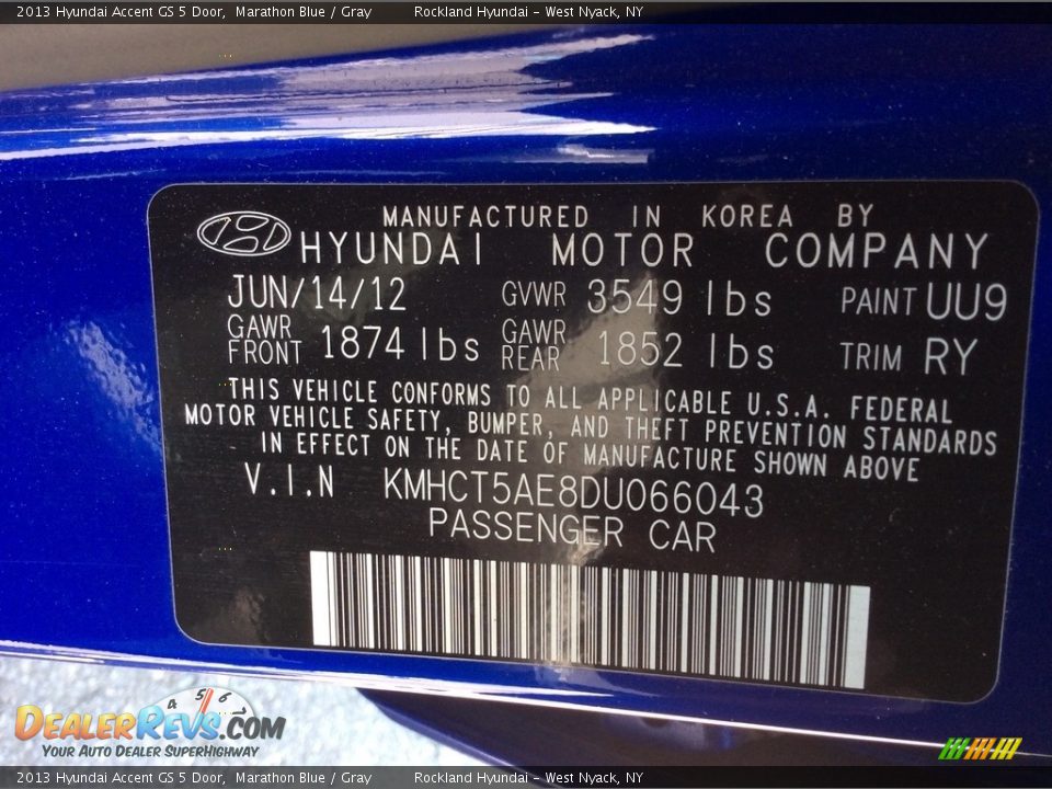 2013 Hyundai Accent GS 5 Door Marathon Blue / Gray Photo #29
