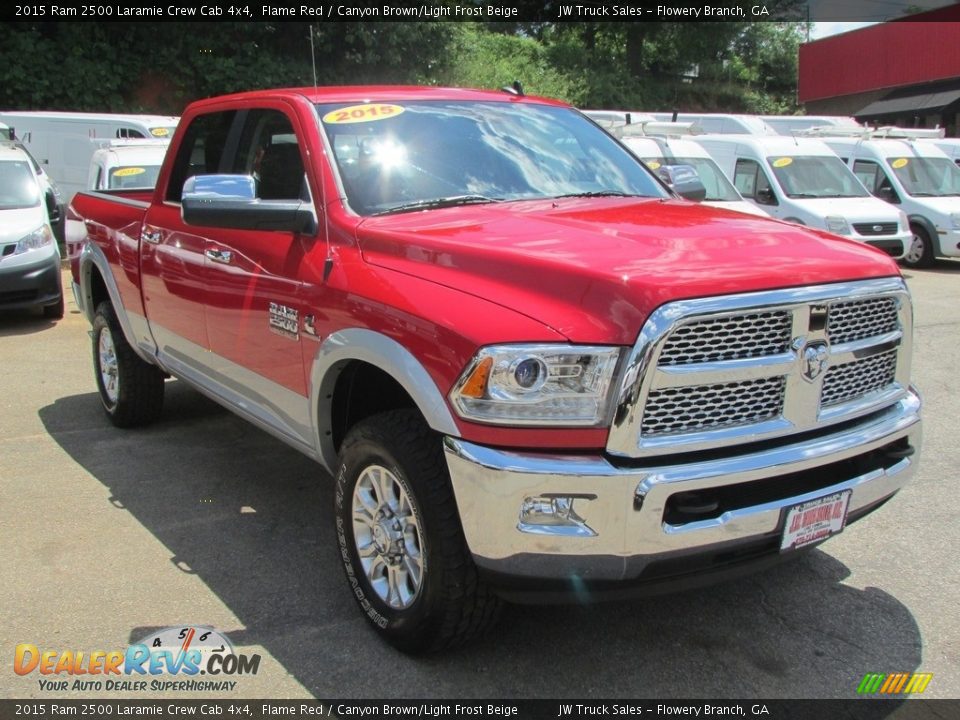 2015 Ram 2500 Laramie Crew Cab 4x4 Flame Red / Canyon Brown/Light Frost Beige Photo #3