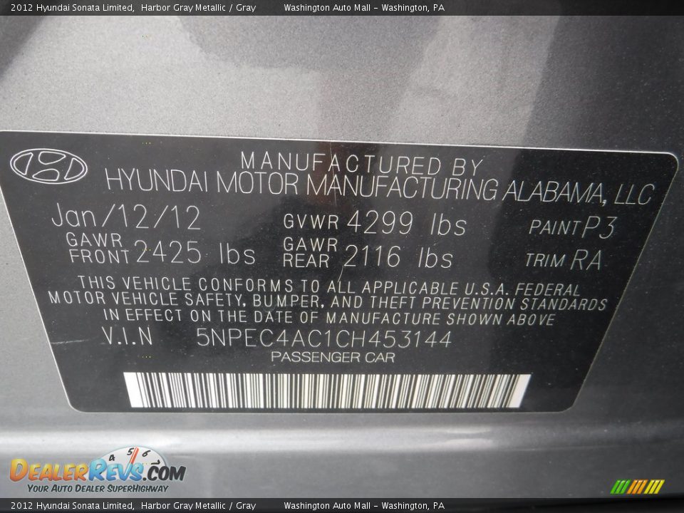 2012 Hyundai Sonata Limited Harbor Gray Metallic / Gray Photo #24