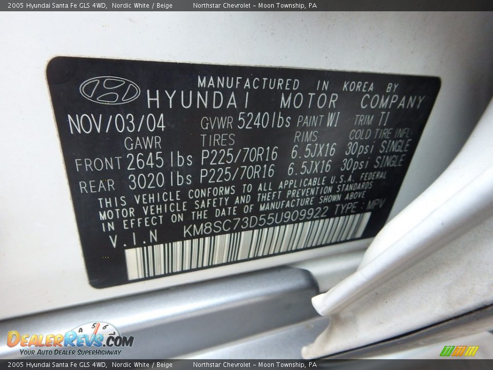 2005 Hyundai Santa Fe GLS 4WD Nordic White / Beige Photo #14
