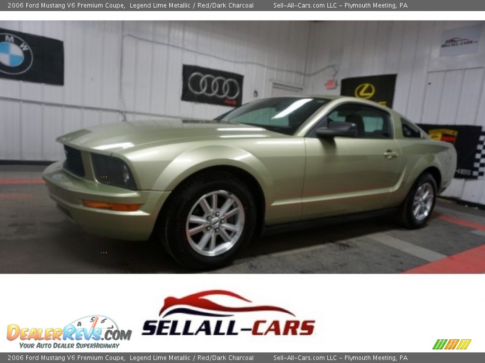 2006 Ford Mustang V6 Premium Coupe Legend Lime Metallic / Red/Dark Charcoal Photo #1