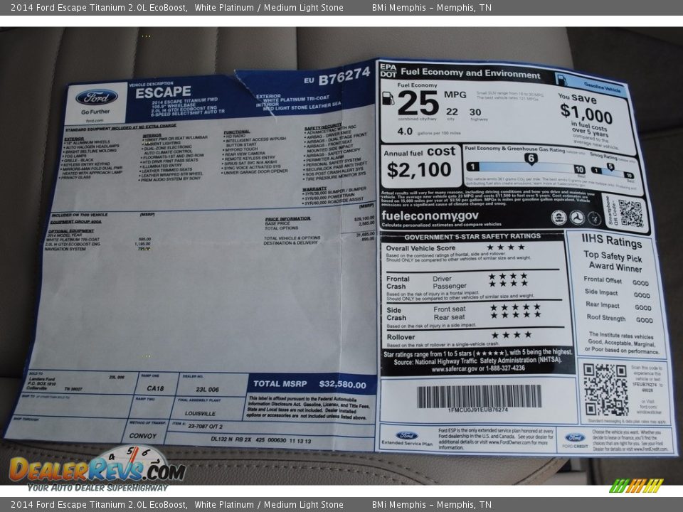 2014 Ford Escape Titanium 2.0L EcoBoost Window Sticker Photo #33
