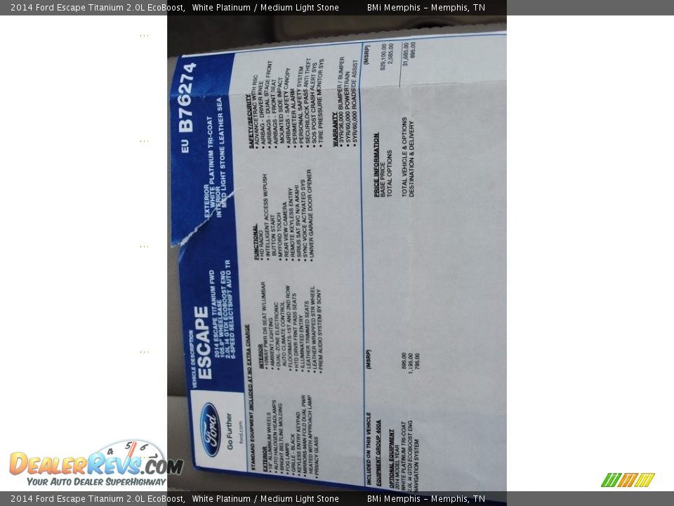 2014 Ford Escape Titanium 2.0L EcoBoost White Platinum / Medium Light Stone Photo #34