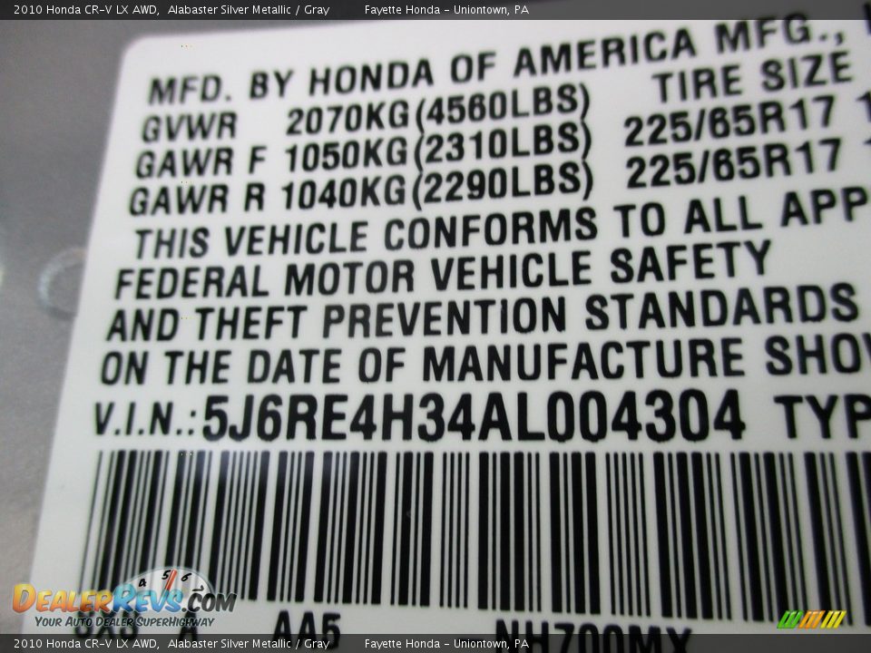 2010 Honda CR-V LX AWD Alabaster Silver Metallic / Gray Photo #9