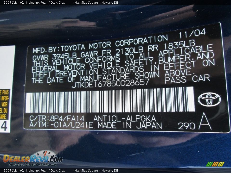 2005 Scion tC Indigo Ink Pearl / Dark Gray Photo #26