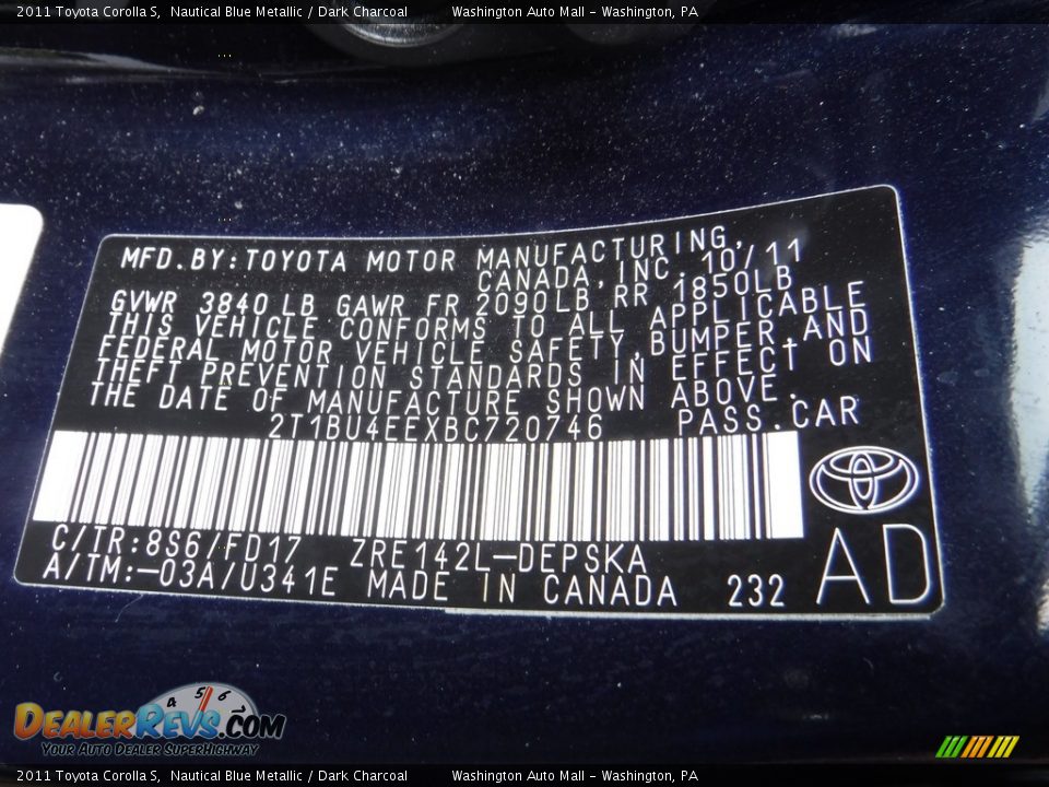 2011 Toyota Corolla S Nautical Blue Metallic / Dark Charcoal Photo #19