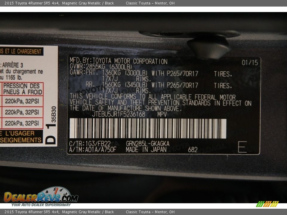 2015 Toyota 4Runner SR5 4x4 Magnetic Gray Metallic / Black Photo #20