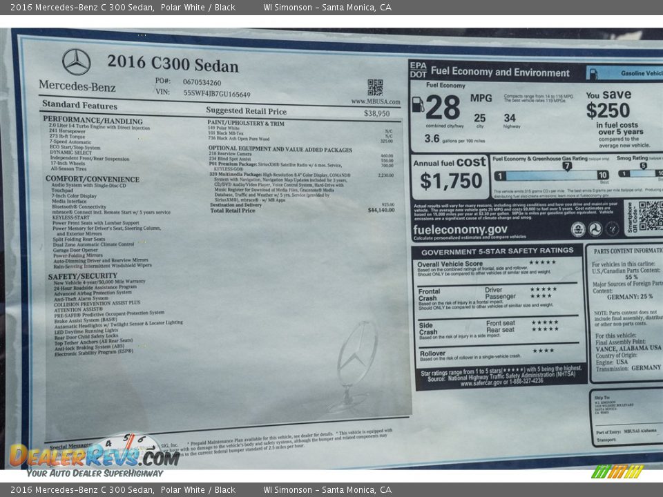 2016 Mercedes-Benz C 300 Sedan Polar White / Black Photo #11