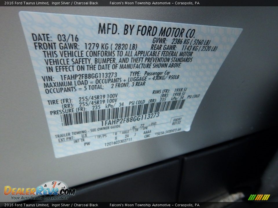 2016 Ford Taurus Limited Ingot Silver / Charcoal Black Photo #23
