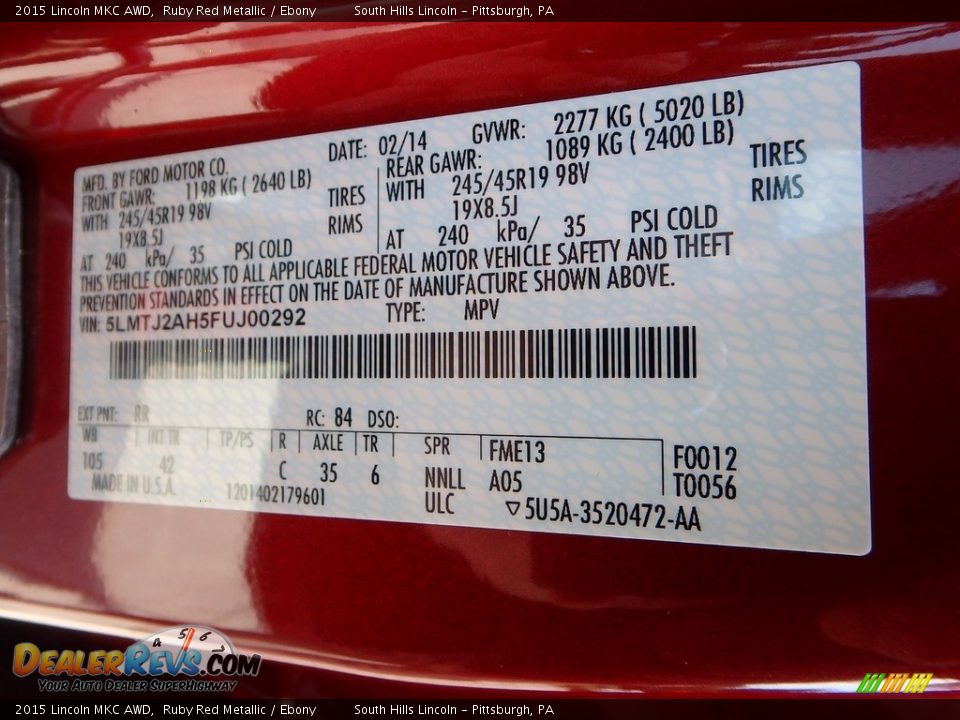 2015 Lincoln MKC AWD Ruby Red Metallic / Ebony Photo #23