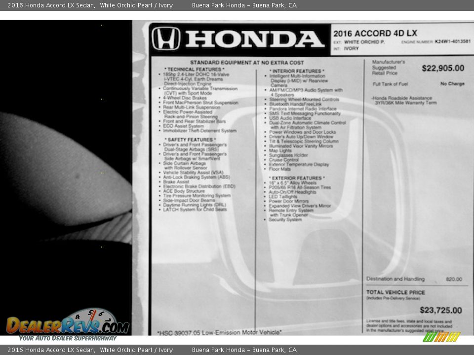 2016 Honda Accord LX Sedan White Orchid Pearl / Ivory Photo #16