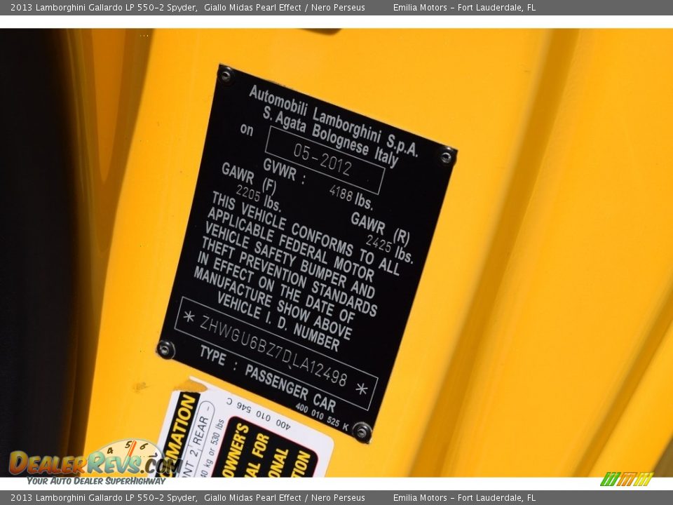 Info Tag of 2013 Lamborghini Gallardo LP 550-2 Spyder Photo #29