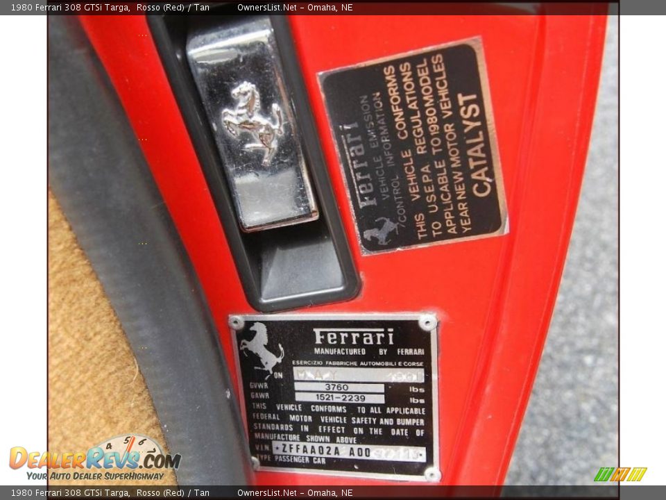 Info Tag of 1980 Ferrari 308 GTSi Targa Photo #28