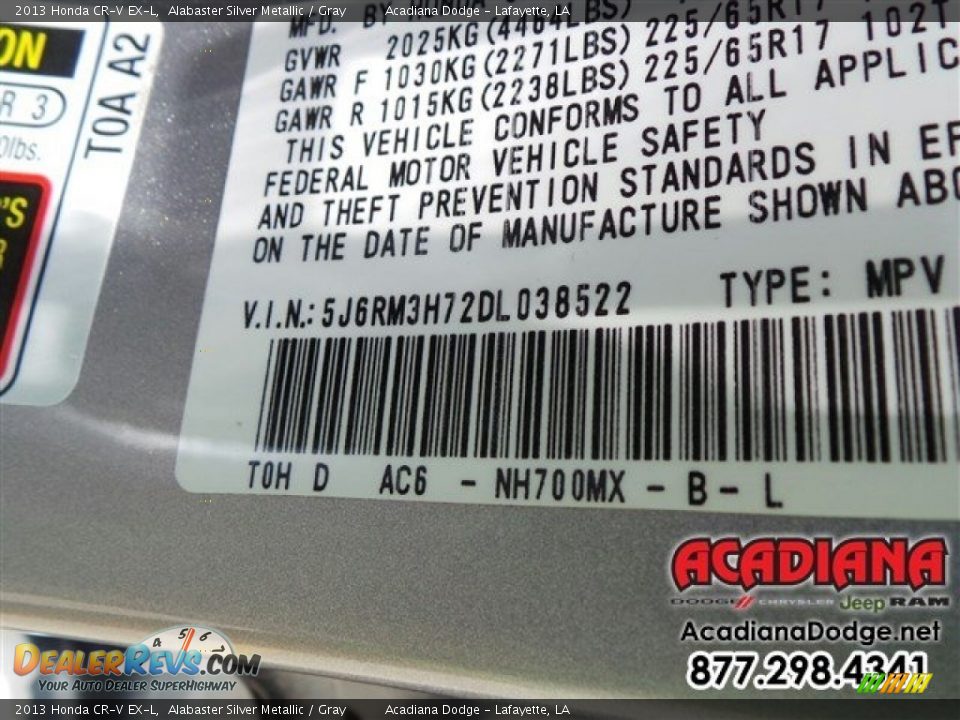 2013 Honda CR-V EX-L Alabaster Silver Metallic / Gray Photo #16