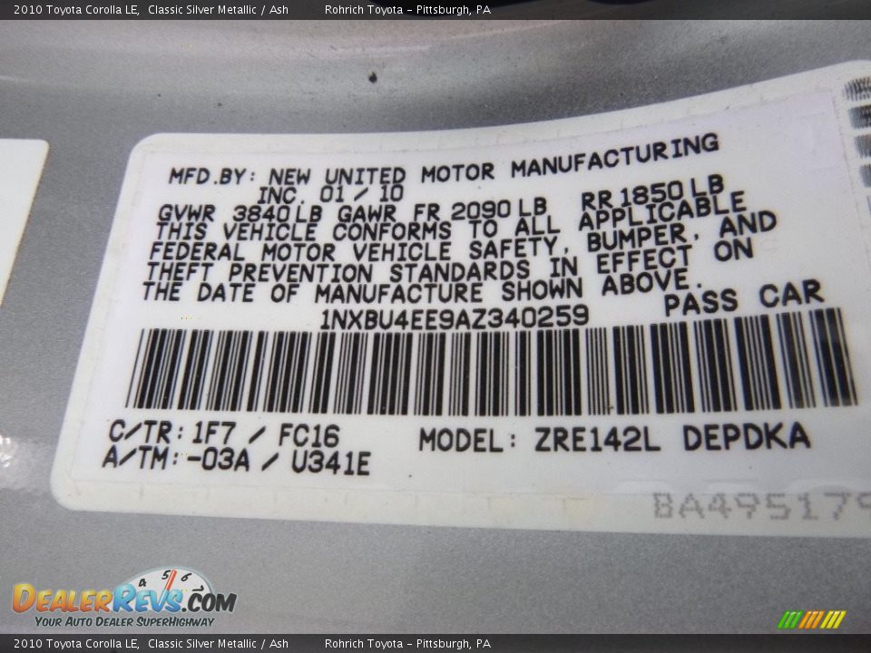 2010 Toyota Corolla LE Classic Silver Metallic / Ash Photo #25