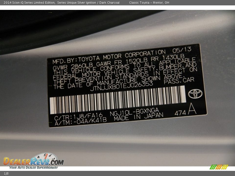 Scion Color Code 1J8 Series Unique Silver Ignition