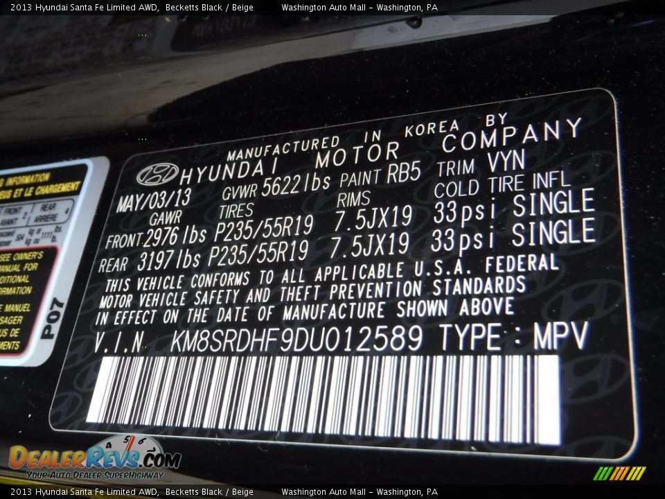 2013 Hyundai Santa Fe Limited AWD Becketts Black / Beige Photo #24