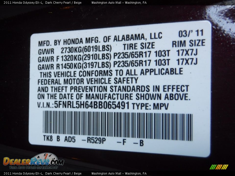 2011 Honda Odyssey EX-L Dark Cherry Pearl / Beige Photo #24