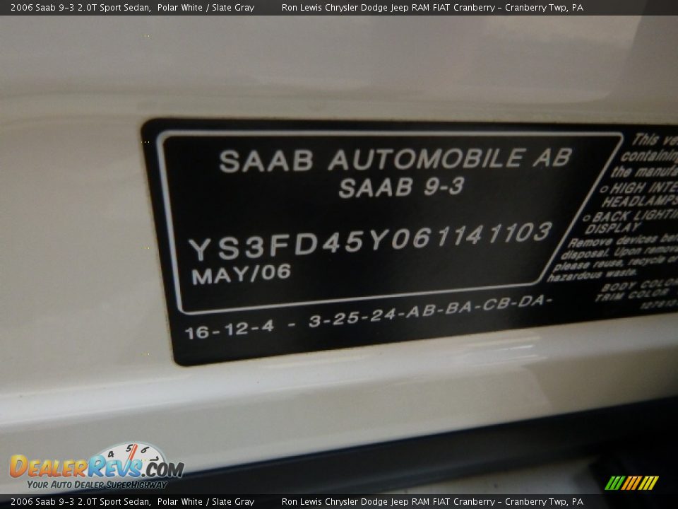 2006 Saab 9-3 2.0T Sport Sedan Polar White / Slate Gray Photo #16