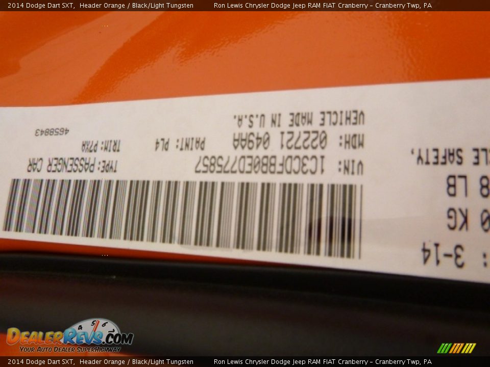 2014 Dodge Dart SXT Header Orange / Black/Light Tungsten Photo #16