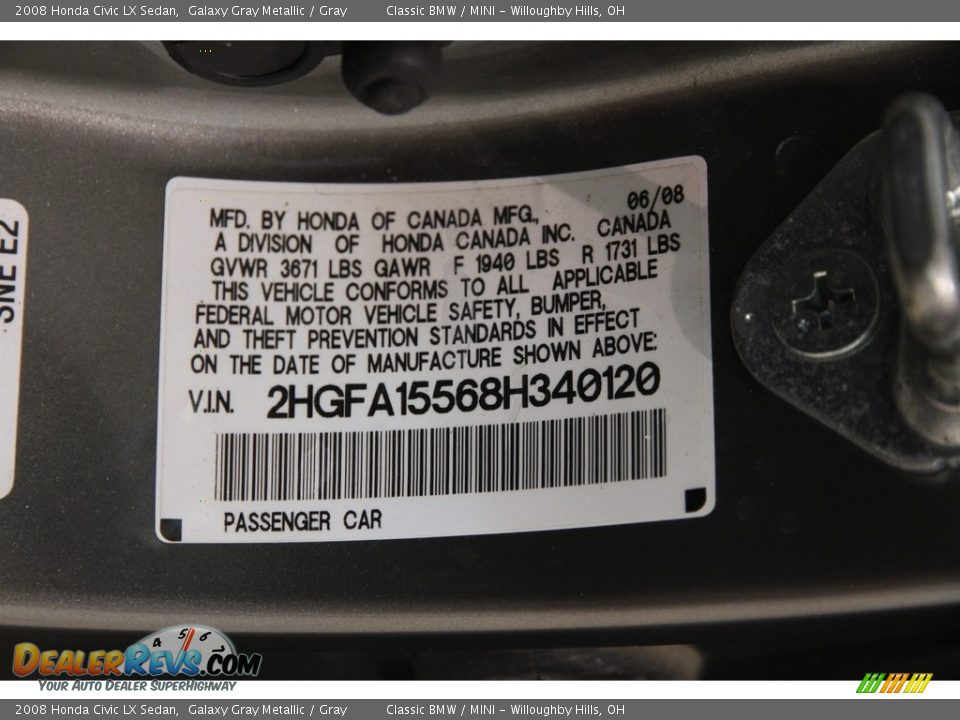 2008 Honda Civic LX Sedan Galaxy Gray Metallic / Gray Photo #15