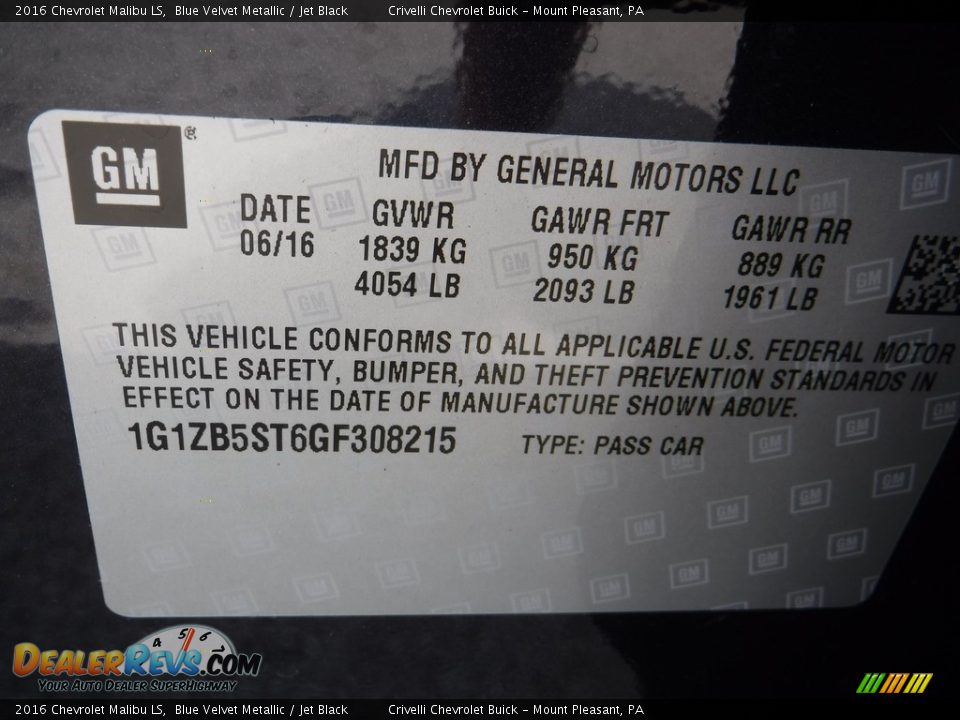 2016 Chevrolet Malibu LS Blue Velvet Metallic / Jet Black Photo #20