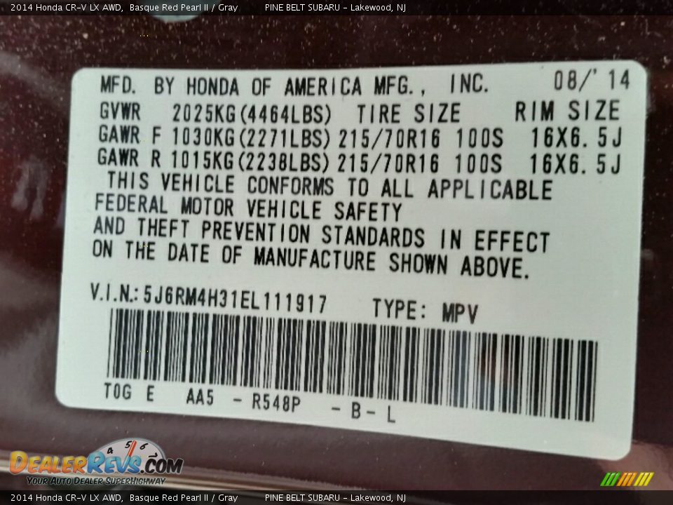 2014 Honda CR-V LX AWD Basque Red Pearl II / Gray Photo #31