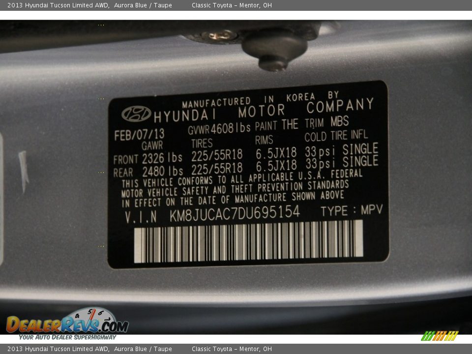 2013 Hyundai Tucson Limited AWD Aurora Blue / Taupe Photo #15