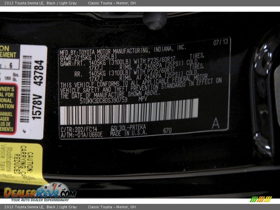 2013 Toyota Sienna LE Black / Light Gray Photo #19