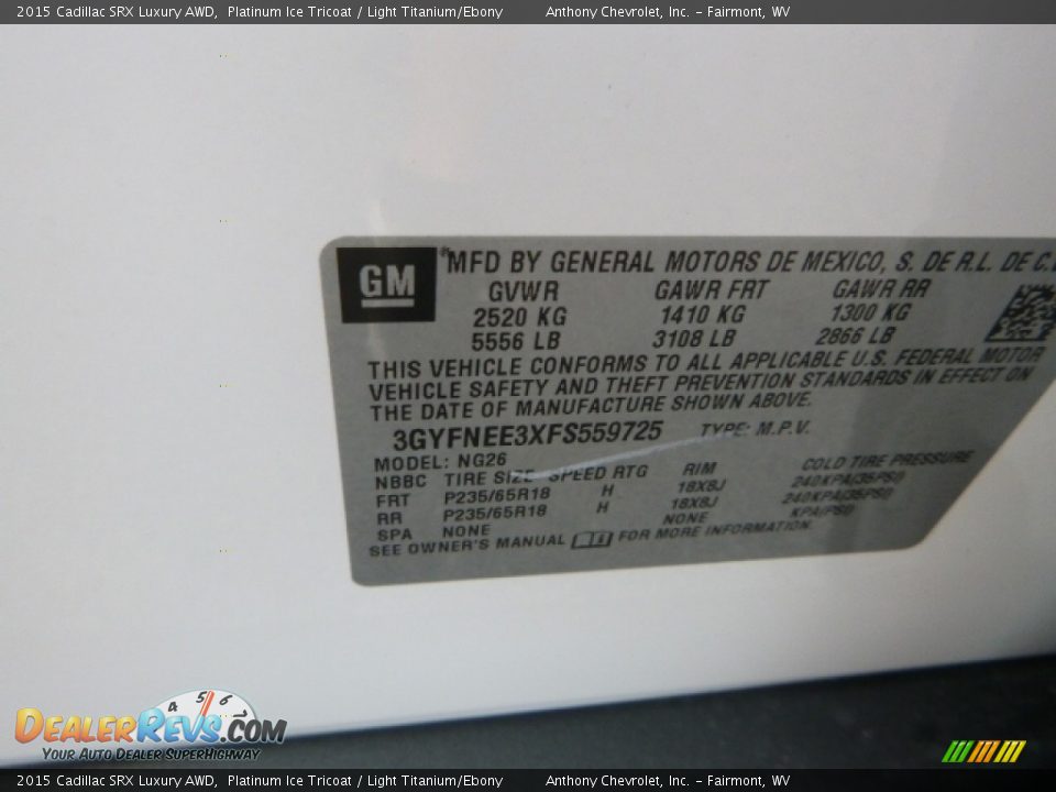 2015 Cadillac SRX Luxury AWD Platinum Ice Tricoat / Light Titanium/Ebony Photo #15
