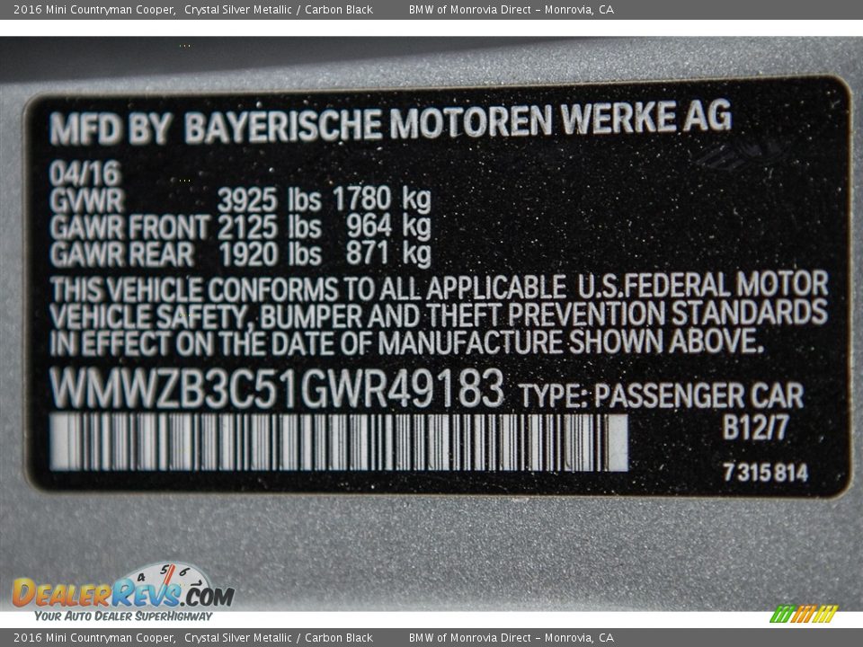 2016 Mini Countryman Cooper Crystal Silver Metallic / Carbon Black Photo #8