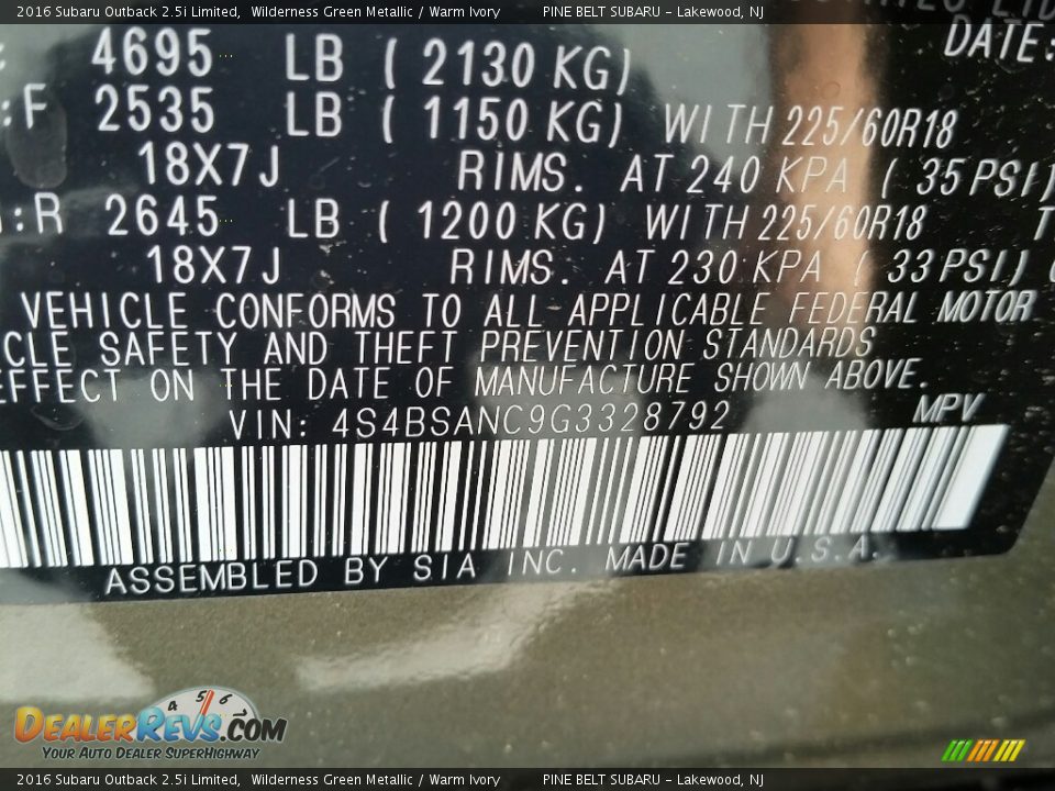 2016 Subaru Outback 2.5i Limited Wilderness Green Metallic / Warm Ivory Photo #10