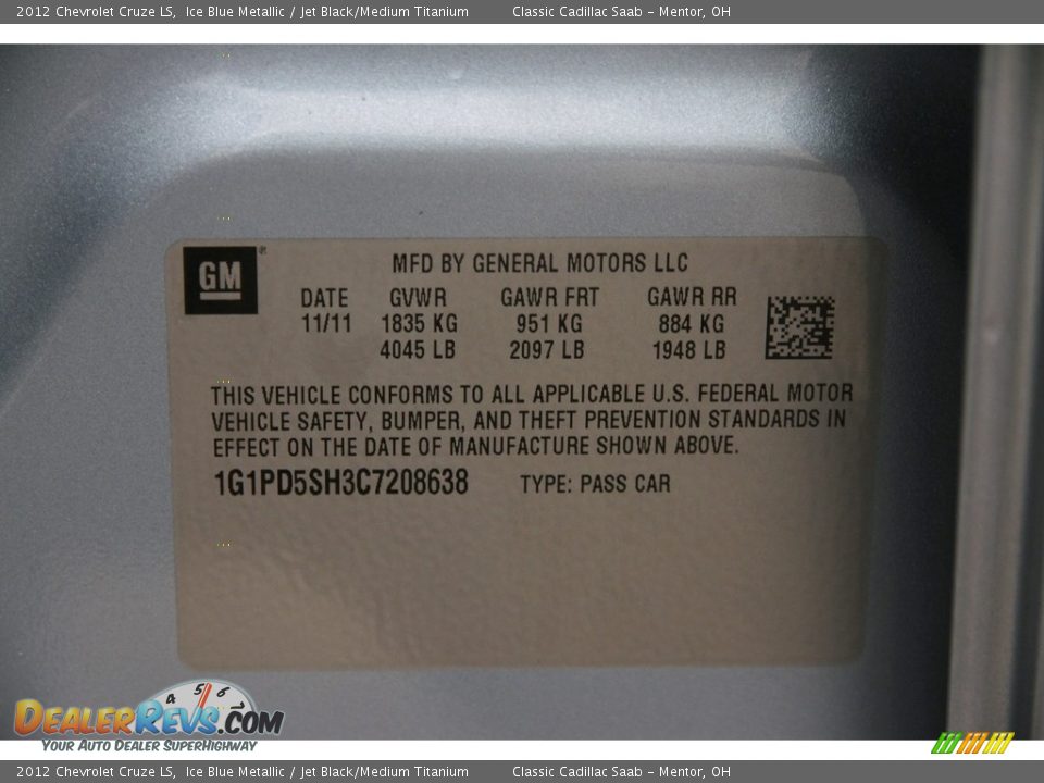 2012 Chevrolet Cruze LS Ice Blue Metallic / Jet Black/Medium Titanium Photo #16