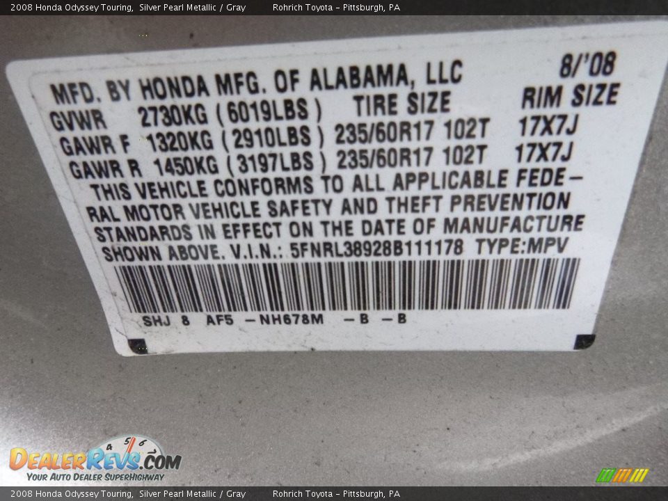 2008 Honda Odyssey Touring Silver Pearl Metallic / Gray Photo #8