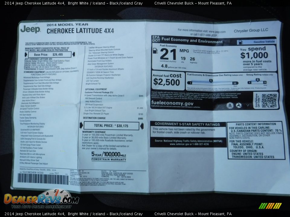 2014 Jeep Cherokee Latitude 4x4 Bright White / Iceland - Black/Iceland Gray Photo #34